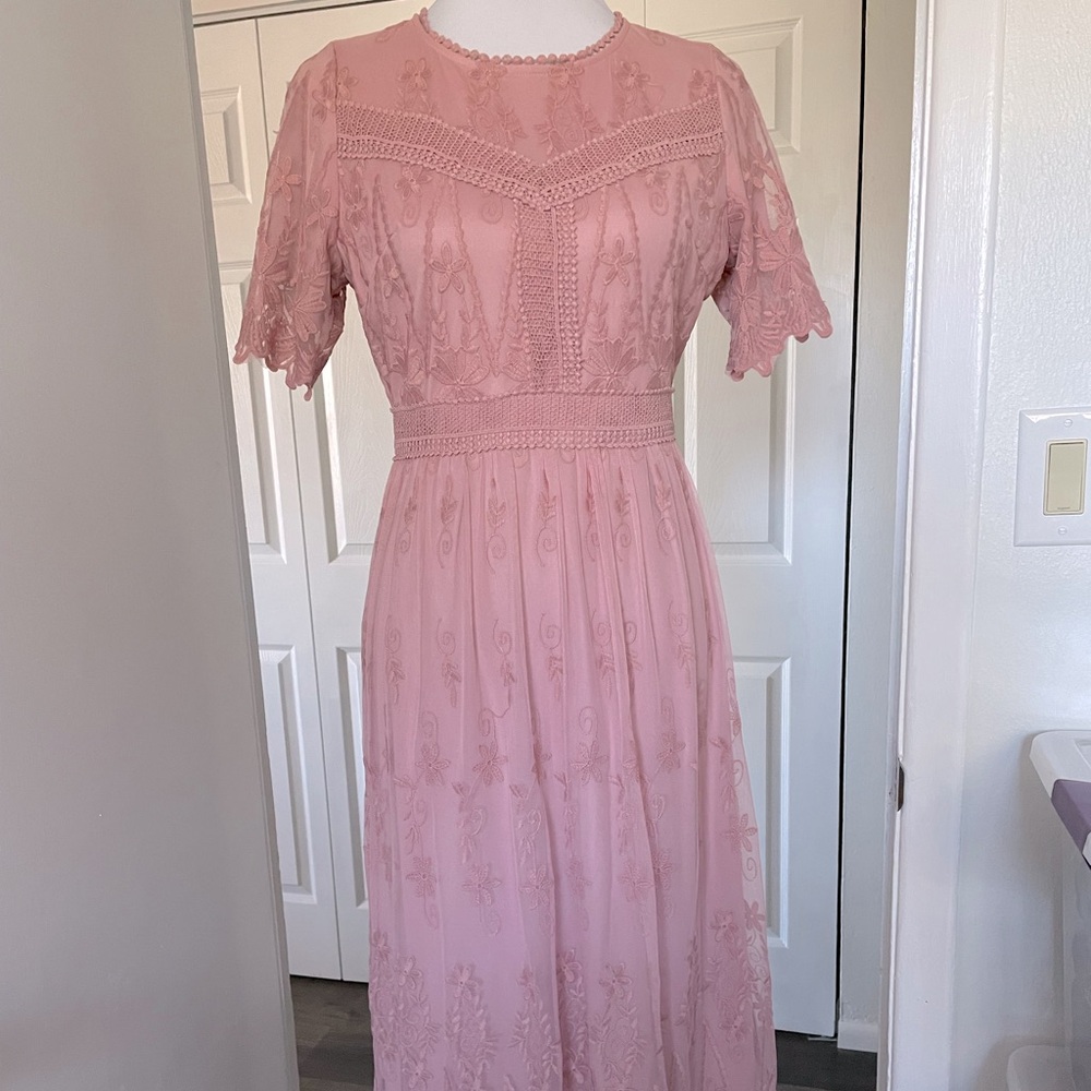 POLAGRAM MODEST DRESSY DRESS SM FULL LACE OVER FULLY LINED DUSTY ROSE BACK ZIP
